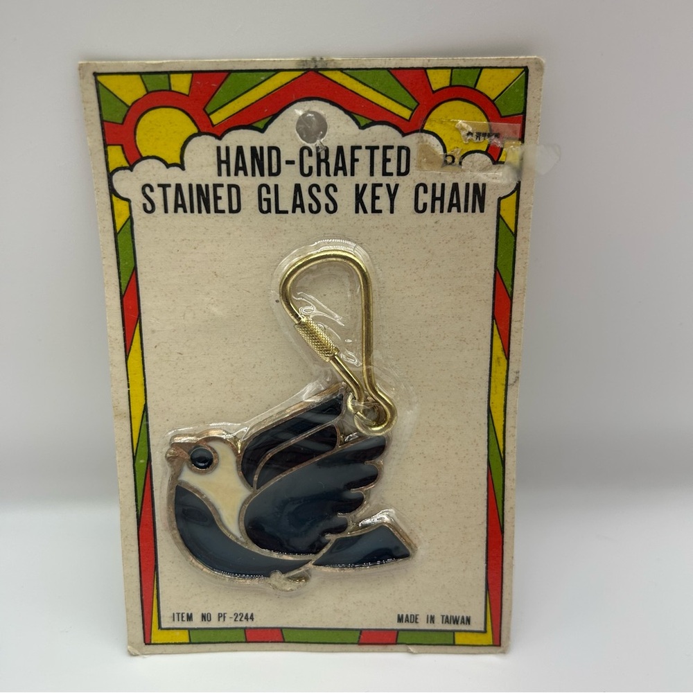 Nanco vintage Bird blue white hand crafted stained glass key chain sealed Taiwan